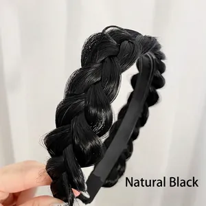 Hand-woven fishtail braid headband in natural black color with anti-slip inner lining