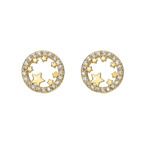 Detail of gold-plated hoop earrings with micro-set zircons and hollow star pattern