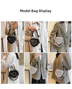 Dettagli della borsa a tracolla a forma di cuore con strass indossata da una modella