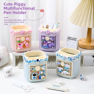 Detail of round desk organizers with 3D cartoon characters and transparent windows