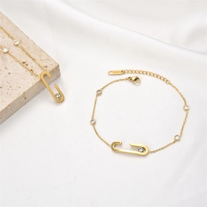 18K gold plated stainless steel paperclip chain necklace and bracelet set with cubic zirconia