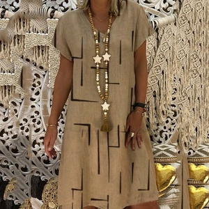 V-neck short sleeve khaki midi dress with geometric lines and cotton-linen texture