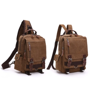 Vintage canvas backpack and crossbody bag set in dark brown for outdoor travel and daily use