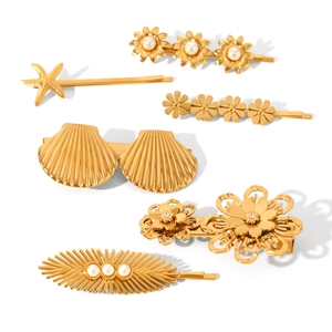 Lot de 6 barrettes dorées à perles avec motifs étoile de mer, coquillage et fleurs