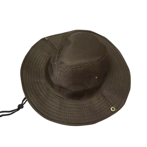 Detail of dark brown sun hat with breathable mesh vents and adjustable chin strap