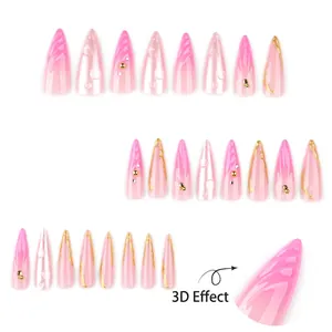 3D shell pattern stiletto press on nails with pink gradient and gold foil accents
