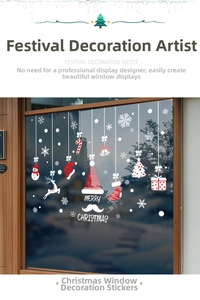 Détail de stickers de Noël pour vitres avec rennes, flocons de neige et chaussettes