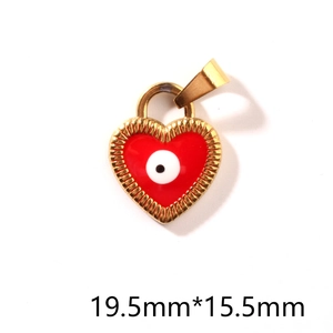 Macro view of red evil eye heart pendant in gold stainless steel with size 19.5mm*15.5mm