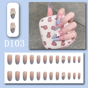 Detail of pink and blue gradient oval press-on nails with white bow decoration