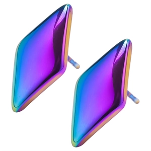 Macro detail of geometric rhombus earrings with iridescent purple to blue gradient finish