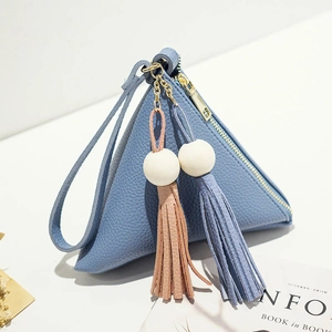 Blue triangular leather wallet with tassels and lychee texture for elegant women