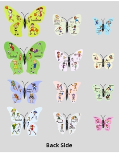 Set of 12 colorful PVC butterfly stickers featuring various sports cartoon patterns