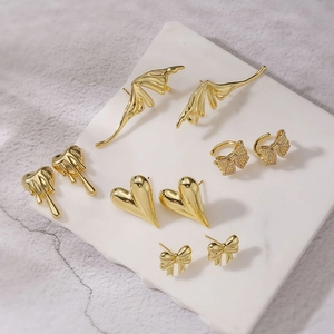 Copper Gold Plated Irregular Heart Wing Bowknot Rhinestone Stud Earrings Ear Cuffs Personalized Hip Hop Jewelry For Women