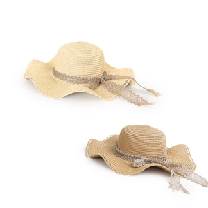 Women's wide brim straw sun hats with wavy edges and decorative lace ribbon ties