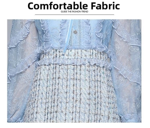 Detail of blue lace floral top with ruffles and multi-color tweed high-waisted skirt