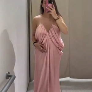 Women Satin Maxi Dress Cowl Neck Backless Spaghetti Strap Drape Front Solid Color Elegant Sexy Slip Long Dress