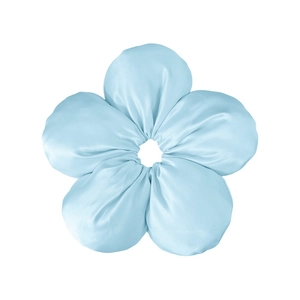 Light blue sponge flower scrunchie with a smooth satin texture and minimalist design