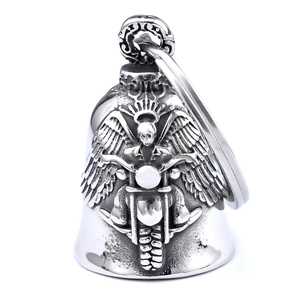 Stainless steel motorcycle guardian bell with skull rider and wings on white background