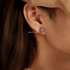 Elegant 8mm round violet rose-cut zircon stud earrings in S925 sterling silver on model