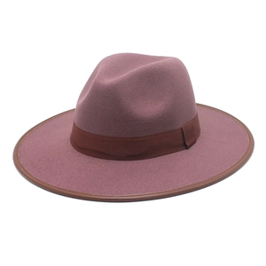 Chapeau fedora rétro style cowboy en feutre rose poudré avec bordure gansée de cuir
