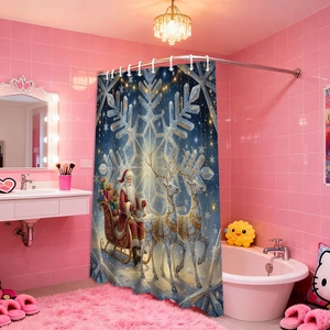Detail showing a blue Christmas shower curtain with Santa and reindeer in a pink bathroom