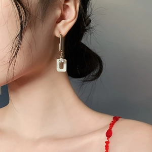 Asymmetric long gold earrings with zircon and white rectangular enamel pendants for women