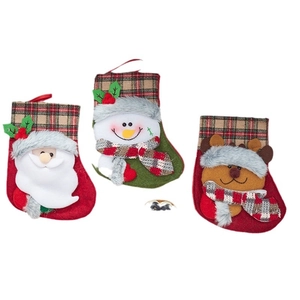 Set of 3 cartoon Christmas stockings with Santa, Snowman and Reindeer plaid designs