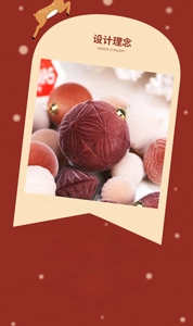 Detailed view of red and beige flocked Christmas ball ornaments with velvet textures