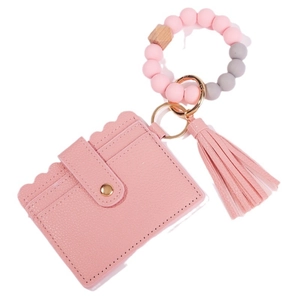 Pink and grey silicone bead keychain bracelet with matching leather card wallet and tassel