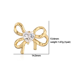 Elegant 18K gold plated bowknot stud earrings with heart zircon and size dimensions