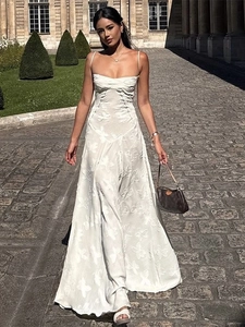 Elegant white slim fit dress with floral butterfly jacquard pattern and spaghetti straps
