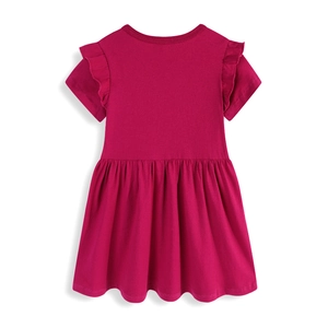 Short sleeve girls princess dress in deep wine red featuring elegant ruffled shoulders