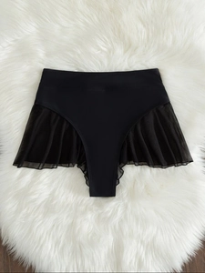 Detail of high-waisted black bikini bottom featuring sheer mesh side patchwork