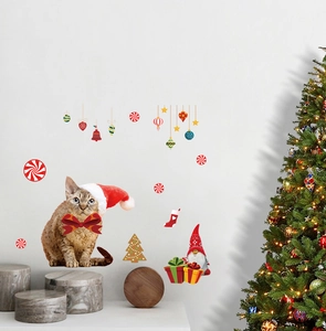 Detailed Christmas wall stickers showing cats with Santa hats and festive holiday elements