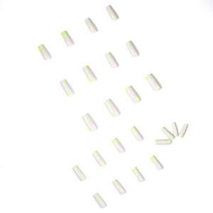 Long trapezoid press-on nails with light purple base and neon green wave patterns