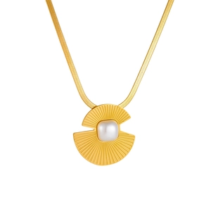 Vintage gold plated stainless steel necklace with fan shaped pearl pendant on snake chain