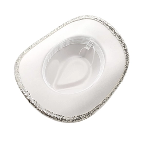 Detail of white sequin cowboy hat interior showing sweatband and polyester material label