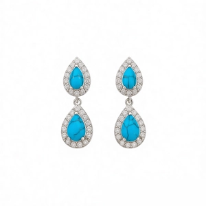 Vintage silver needle turquoise teardrop earrings with halo zircon stone settings