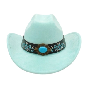 Detail of light blue cowboy hat featuring ethnic floral embroidery and turquoise stone