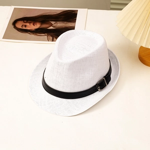 Classic white woven straw fedora hat with black leather band and silver metal buckle