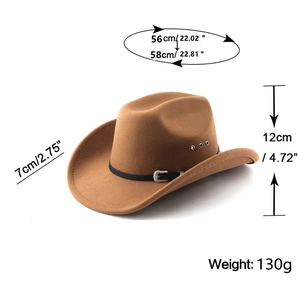 Detail view of khaki cowboy hat with leather band, vintage buckle and size dimensions