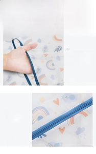 Detail of fine mesh laundry bag featuring colorful prints and reinforced zipper stitching