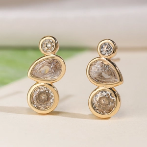 Minimalist gold-plated drop zircon earrings with triple crystal stones for women