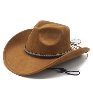 Western Cowboy Hat Suede Polyester Wide Brim Adjustable Windproof Rope Braided Band Tassel Ethnic Retro Style