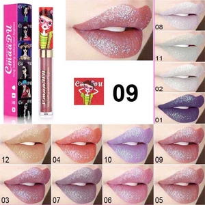 Gedetailleerde 12-kleuren glitter lippenstift swatches met holografische glans