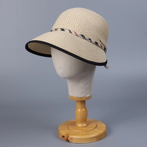 Elegant beige straw sun hat for women featuring a classic plaid ribbon and bow decoration