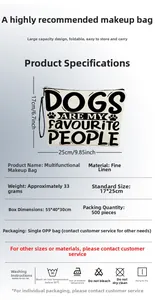 Detailed view of linen makeup bag with dog slogan print and dimensions 17x25cm