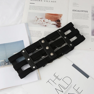 Punk style black multi-layer elastic corset belt with silver rivets and PU leather straps