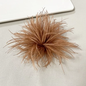 Detailed close-up of a brownish feather brooch accessory with a radial sphere structure