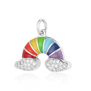 Detailed macro of rainbow enamel sun pendant with cubic zirconia clouds and silver finish